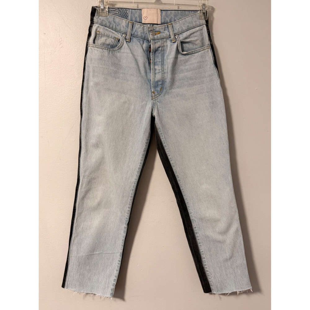 Revice Denim Two Tone High Waisted Straight Leg Jeans Light Blue Black Size 28